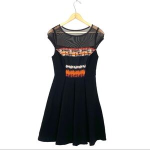 Anthropologie | Eva Franco Black and Orange Fit and Flare Sheer Tweed Dress